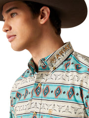 Ariat 10047347 Mens Team Cruz Fitted Shirt Sandshell Teal close up. If you need any assistance with this item or the purchase of this item please call us at five six one seven four eight eight eight zero one Monday through Saturday 10:00a.m EST to 8:00 p.m EST