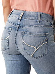Ariat 10044386 Womens REAL Perfect Rise Brianna Boot Cut Jean Oklahoma close up back view. If you need any assistance with this item or the purchase of this item please call us at five six one seven four eight eight eight zero one Monday through Saturday 10:00a.m EST to 8:00 p.m EST
