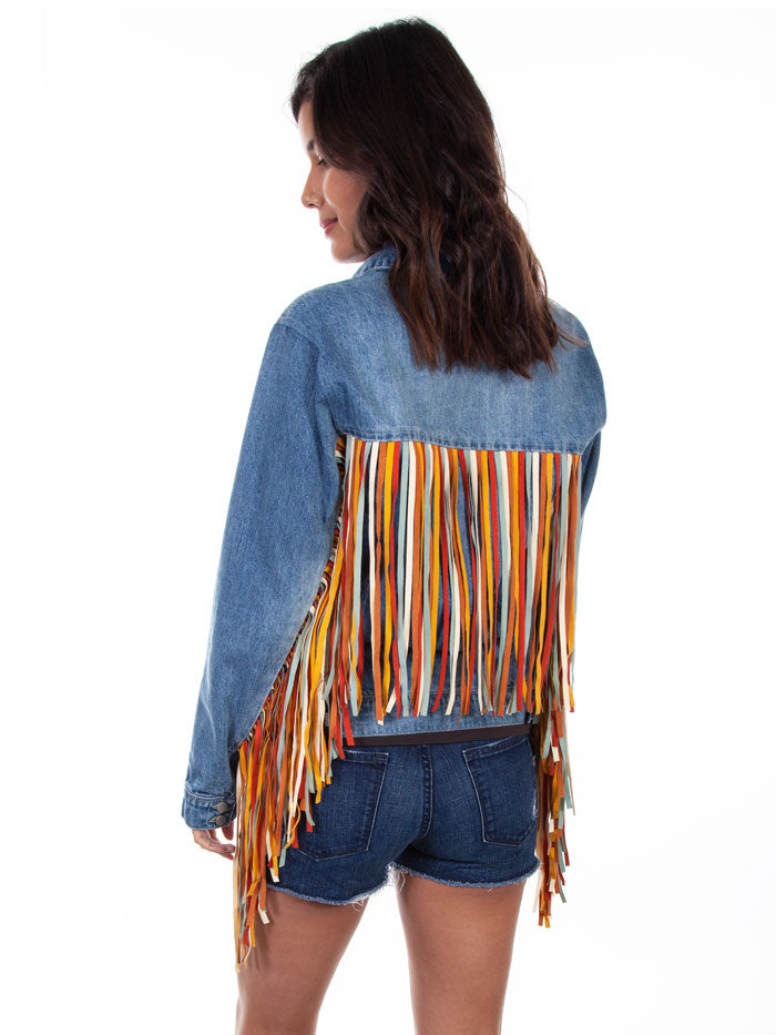 Scully HC599-DEN Womens Fringe Denim Western Jacket Blue front view. If you need any assistance with this item or the purchase of this item please call us at five six one seven four eight eight eight zero one Monday through Saturday 10:00a.m EST to 8:00 p.m EST