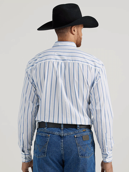Wrangler 112344872 Mens George Strait Collection Long Sleeve Shirt Blue Smoky Stripes back view. If you need any assistance with this item or the purchase of this item please call us at five six one seven four eight eight eight zero one Monday through Saturday 10:00a.m EST to 8:00 p.m EST