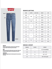 Levi's 188830048 Womens 724 High Rise Slim Straight Jean Dark Wash flyer with size chart and specifications. If you need any assistance with this item or the purchase of this item please call us at five six one seven four eight eight eight zero one Monday through Saturday 10:00a.m EST to 8:00 p.m EST