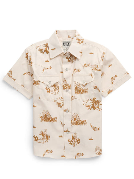 Ely Cattleman 1023116-EC Kids Cowboy Print Snap Shirt Beige Ecru Print front view. Ely Cattleman 1023116-EC Kids Cowboy Print Snap Shirt Beige Ecru Print