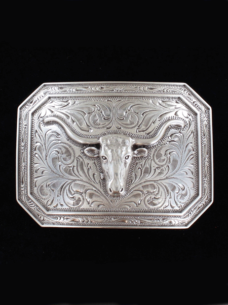 Ariat A37008 Mens Rectangular Scroll Engraving Longhorn Buckle Silver front view. If you need any assistance with this item or the purchase of this item please call us at five six one seven four eight eight eight zero one Monday through Saturday 10:00a.m EST to 8:00 p.m EST