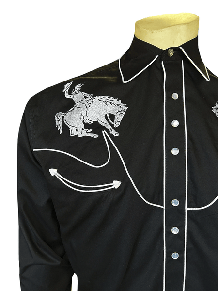Rockmount 6851-BLK Mens Vintage Bronc Embroidered Western Shirt Black front close up. If you need any assistance with this item or the purchase of this item please call us at five six one seven four eight eight eight zero one Monday through Saturday 10:00a.m EST to 8:00 p.m EST