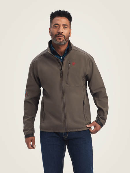 Ariat 10041614 Mens Logo 2.0 Softshell Jacket Banyan Bark front view. If you need any assistance with this item or the purchase of this item please call us at five six one seven four eight eight eight zero one Monday through Saturday 10:00a.m EST to 8:00 p.m EST