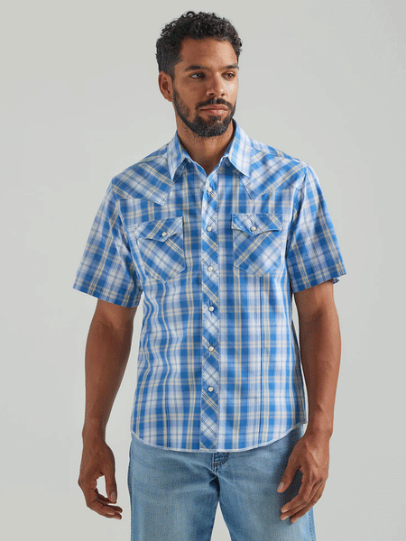Wrangler 112324653 Mens Snap Short Sleeve Plaid Shirt Blue front view. If you need any assistance with this item or the purchase of this item please call us at five six one seven four eight eight eight zero one Monday through Saturday 10:00a.m EST to 8:00 p.m EST