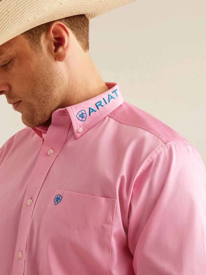 Ariat 10051336 Mens Team Logo Twill Classic Fit Shirt Pink front view. If you need any assistance with this item or the purchase of this item please call us at five six one seven four eight eight eight zero one Monday through Saturday 10:00a.m EST to 8:00 p.m EST