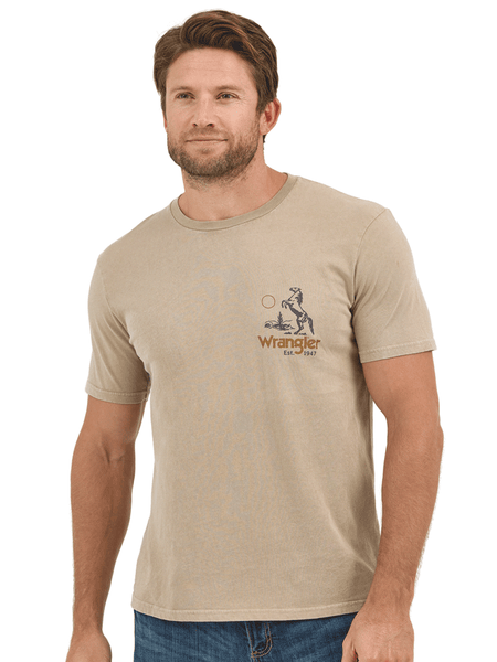 Wrangler 112361852 Mens Lasso Cowboy Graphic T-Shirt Trench Coat Tan front view. If you need any assistance with this item or the purchase of this item please call us at five six one seven four eight eight eight zero one Monday through Saturday 10:00a.m EST to 8:00 p.m EST