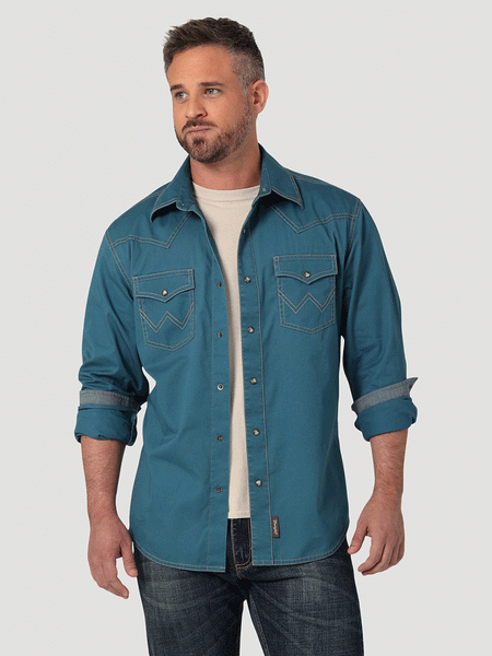 Wrangler 112330785 Mens Retro Long Sleeve Shirt Mallard Blu front view. If you need any assistance with this item or the purchase of this item please call us at five six one seven four eight eight eight zero one Monday through Saturday 10:00a.m EST to 8:00 p.m EST