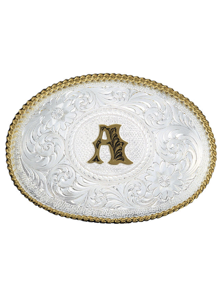 Montana Silversmiths 700 Initial Silver Engraved Gold Trim Western Belt Buckle letter A  front view. If you need any assistance with this item or the purchase of this item please call us at five six one seven four eight eight eight zero one Monday through Saturday 10:00a.m EST to 8:00 p.m EST