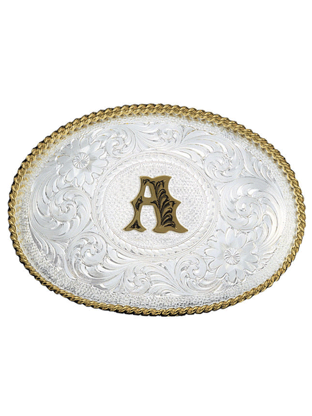 Large Silver Engraved Western Belt 2024 Buckle with Gold Trim