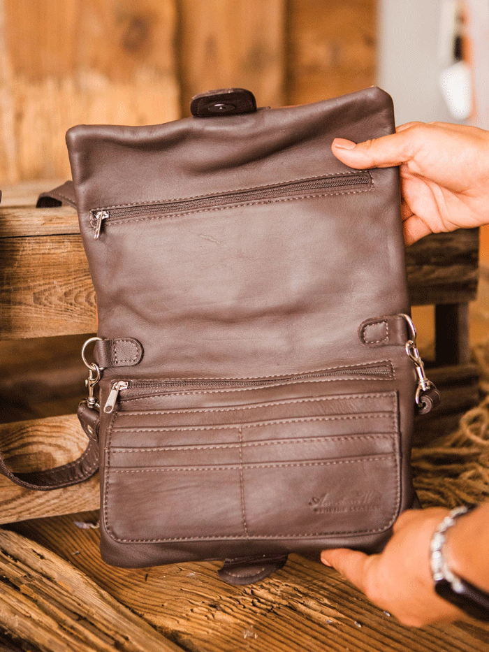 American West 7738078 Ladies Grab-and-Go Foldover Crossbody Brindle Hair-On Brown front view. If you need any assistance with this item or the purchase of this item please call us at five six one seven four eight eight eight zero one Monday through Saturday 10:00a.m EST to 8:00 p.m EST
