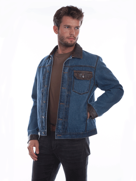 Scully 2014-193 Mens Denim Style Button Up Jacket Denim Blue front view. If you need any assistance with this item or the purchase of this item please call us at five six one seven four eight eight eight zero one Monday through Saturday 10:00a.m EST to 8:00 p.m EST