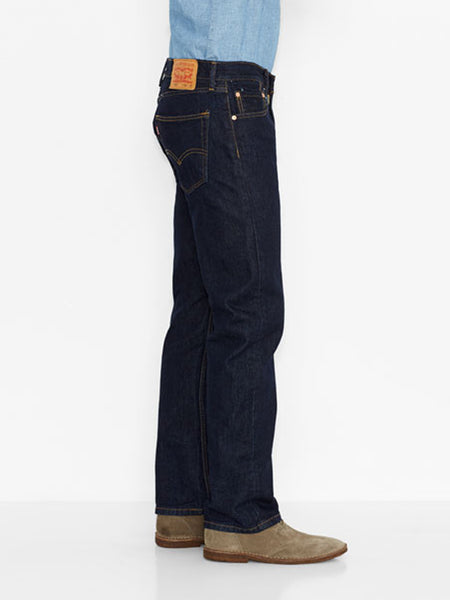 Levi’s 005050216 Mens 505 Regular Fit Jeans Rinse Dark Wash side view. If you need any assistance with this item or the purchase of this item please call us at five six one seven four eight eight eight zero one Monday through Saturday 10:00a.m EST to 8:00 p.m EST