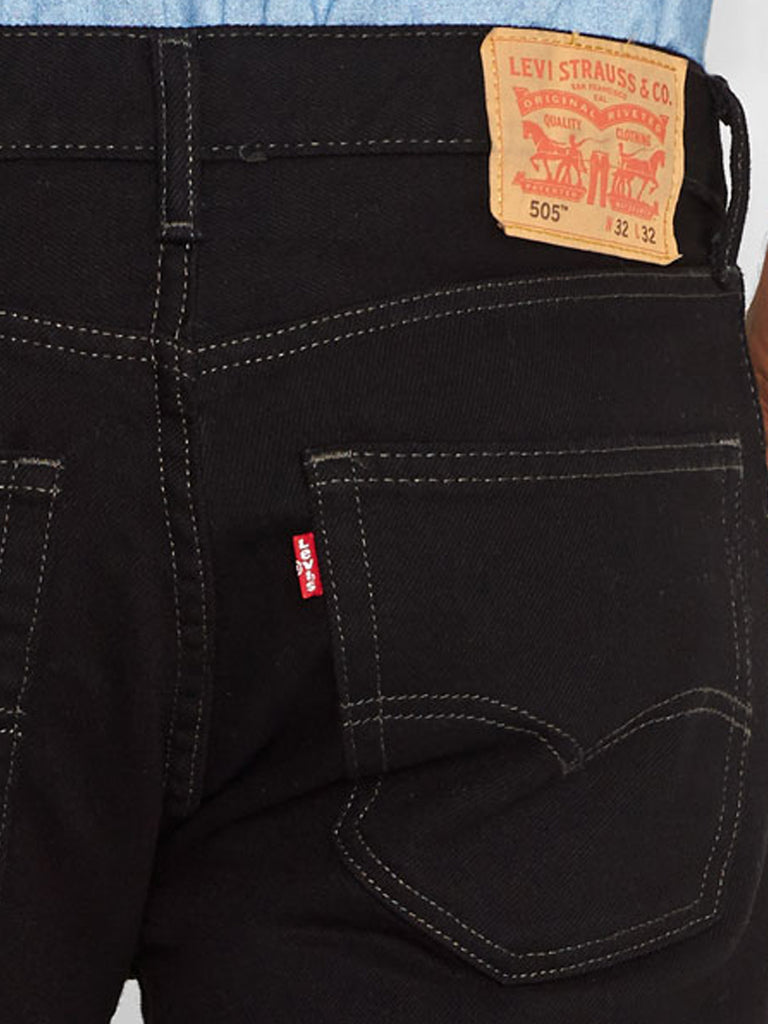 Levi's 005050260 Mens 505 Regular Fit Jeans Black front view. If you need any assistance with this item or the purchase of this item please call us at five six one seven four eight eight eight zero one Monday through Saturday 10:00a.m EST to 8:00 p.m EST
