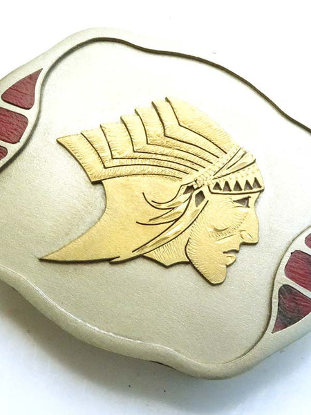 Johnson & Held 1910 Indian Chief Head Handcrafted Belt Buckle  close up of front. If you need any assistance with this item or the purchase of this item please call us at five six one seven four eight eight eight zero one Monday through Saturday 10:00a.m EST to 8:00 p.m EST