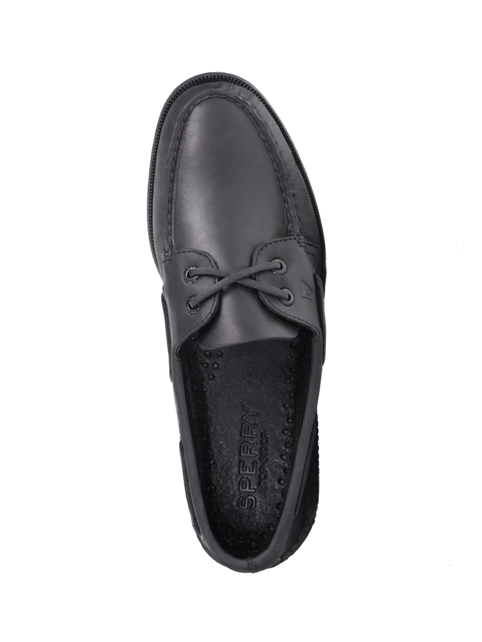 Sperry 0836981 Mens Authentic Original 2-Eye Boat Shoe Black front and side view. If you need any assistance with this item or the purchase of this item please call us at five six one seven four eight eight eight zero one Monday through Saturday 10:00a.m EST to 8:00 p.m EST