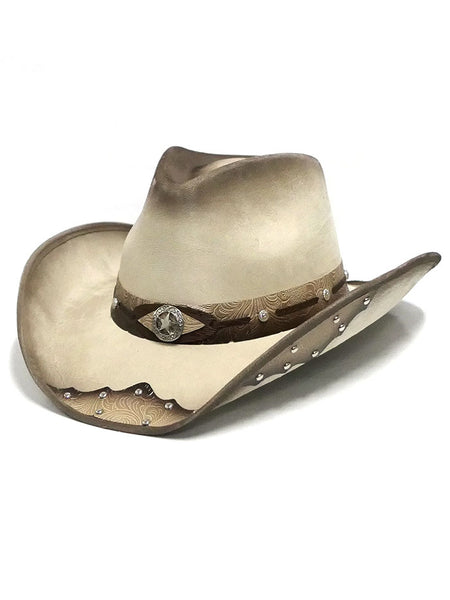 Bullhide KICK THE DUST OFF 0738BC Faux Felt Western Hat Buckskin side and front view  If you need any assistance with this item or the purchase of this item please call us at five six one seven four eight eight eight zero one Monday through Satuday 10:00 a.m. EST to 8:00 p.m. EST