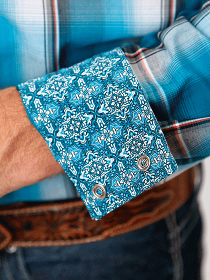 Roper 03-001-0278-2087 Mens Amarillo Long Sleeve Western Plaid Shirt Turquoise Blue cuff view. If you need any assistance with this item or the purchase of this item please call us at five six one seven four eight eight eight zero one Monday through Saturday 10:00a.m EST to 8:00 p.m EST