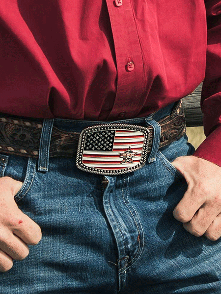 Montana Silversmiths PBR940 PBR American Pride Belt Buckle front view on model. If you need any assistance with this item or the purchase of this item please call us at five six one seven four eight eight eight zero one Monday through Saturday 10:00a.m EST to 8:00 p.m EST