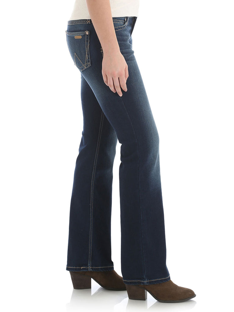 Wrangler 09MWZHT Womens Retro Mae Mid Rise Boot Cut Jeans HT Wash front view. If you need any assistance with this item or the purchase of this item please call us at five six one seven four eight eight eight zero one Monday through Saturday 10:00a.m EST to 8:00 p.m EST