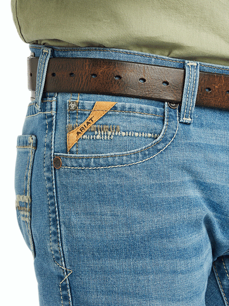 Ariat 10039614 Mens M7 Slim Stretch Julian Straight Jean Hartwell front pocket detail. If you need any assistance with this item or the purchase of this item please call us at five six one seven four eight eight eight zero one Monday through Saturday 10:00a.m EST to 8:00 p.m EST