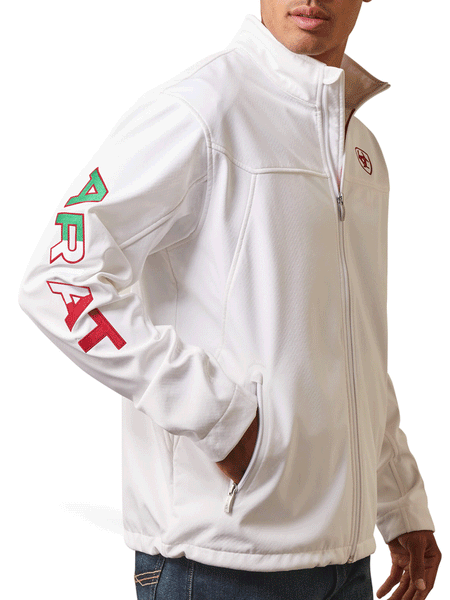 Ariat 10043549 Mens New Team Softshell MEXICO Jacket White front and side view. If you need any assistance with this item or the purchase of this item please call us at five six one seven four eight eight eight zero one Monday through Saturday 10:00a.m EST to 8:00 p.m EST