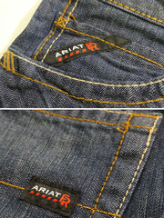 Ariat 10012555 Mens FR M4 Relaxed Basic Boot Cut Jean Shale front and back pocket close up. If you need any assistance with this item or the purchase of this item please call us at five six one seven four eight eight eight zero one Monday through Saturday 10:00a.m EST to 8:00 p.m EST