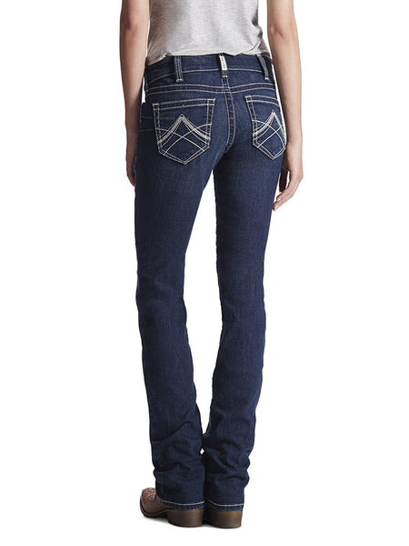 Ariat 10017216 Womens REAL Mid Rise Stretch Icon Stackable Straight Leg Jean Back View. If you need any assistance with this item or the purchase of this item please call us at five six one seven four eight eight eight zero one Monday through Saturday 10:00a.m EST to 8:00 p.m EST