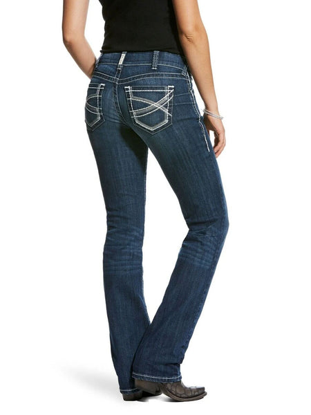 Ariat 110028920 Womens REAL Mid Rise Stretch Ivy Straight Leg Jeans Dark Wash Back View. If you need any assistance with this item or the purchase of this item please call us at five six one seven four eight eight eight zero one Monday through Saturday 10:00a.m EST to 8:00 p.m EST