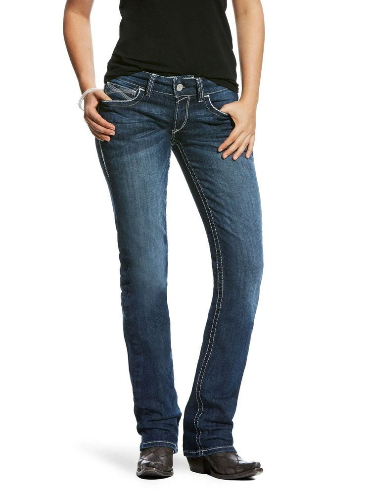 Ariat 110028920 Womens REAL Mid Rise Stretch Ivy Straight Leg Jeans Dark Wash Back View. If you need any assistance with this item or the purchase of this item please call us at five six one seven four eight eight eight zero one Monday through Saturday 10:00a.m EST to 8:00 p.m EST