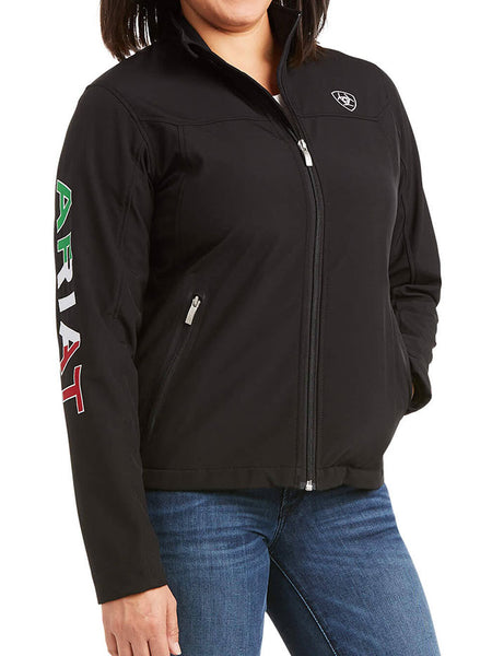 Ariat 10031428 Womens New Team Mexico Softshell Jacket Black front view. If you need any assistance with this item or the purchase of this item please call us at five six one seven four eight eight eight zero one Monday through Saturday 10:00a.m EST to 8:00 p.m EST