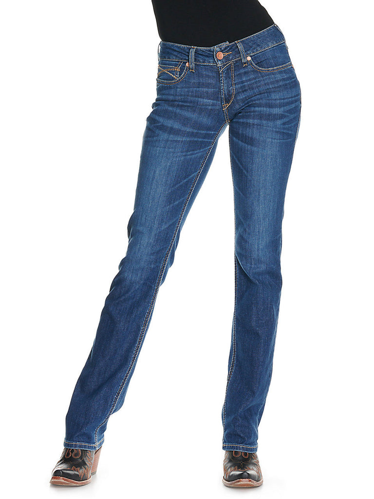 Ariat 10037682 Womens REAL Brenda Mid Rise Stackable Straight Leg Jeans Medium Wash Irvine back and side view. If you need any assistance with this item or the purchase of this item please call us at five six one seven four eight eight eight zero one Monday through Saturday 10:00a.m EST to 8:00 p.m EST