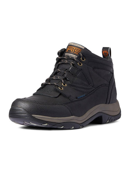 Ariat 10038425 Mens Terrain H2O Waterproof Hiking Work Shoe Black side front view. If you need any assistance with this item or the purchase of this item please call us at five six one seven four eight eight eight zero one Monday through Saturday 10:00a.m EST to 8:00 p.m EST