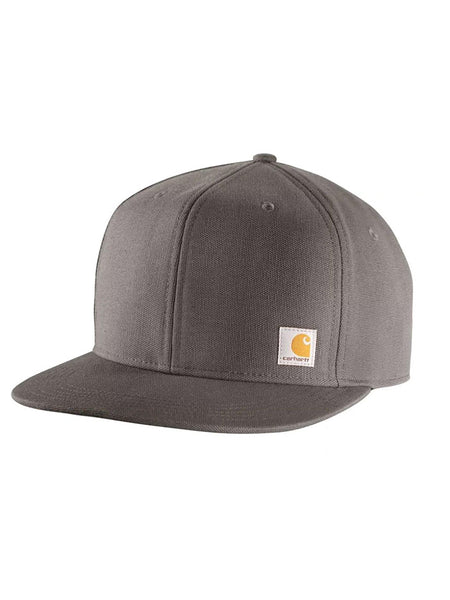 Carhartt 101604-039 Firm Duck Flat Brim Cap Gravel front view. If you need any assistance with this item or the purchase of this item please call us at five six one seven four eight eight eight zero one Monday through Saturday 10:00a.m EST to 8:00 p.m EST