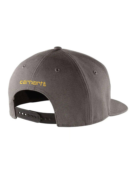 Carhartt 101604-039 Firm Duck Flat Brim Cap Gravel back / side view. If you need any assistance with this item or the purchase of this item please call us at five six one seven four eight eight eight zero one Monday through Saturday 10:00a.m EST to 8:00 p.m EST