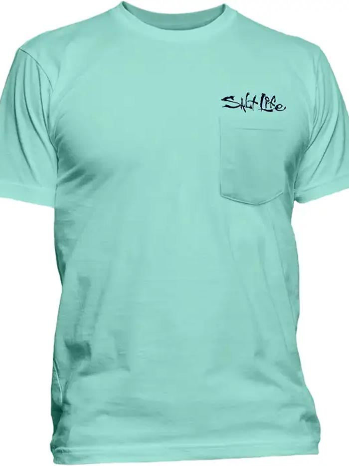 Salt Life SLM10832 Mens High Seas Pocket Tee Aruba Blue back view. If you need any assistance with this item or the purchase of this item please call us at five six one seven four eight eight eight zero one Monday through Saturday 10:00a.m EST to 8:00 p.m EST