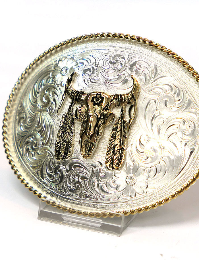 Montana Silversmiths 1350-447 Buffalo Skull With Feather Belt Buckle Silver front view. If you need any assistance with this item or the purchase of this item please call us at five six one seven four eight eight eight zero one Monday through Saturday 10:00a.m EST to 8:00 p.m EST