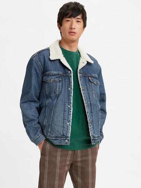 Levis 163650162 Mens Type 3 Sherpa Trucker Jacket Television Medium Wash front view. If you need any assistance with this item or the purchase of this item please call us at five six one seven four eight eight eight zero one Monday through Saturday 10:00a.m EST to 8:00 p.m EST