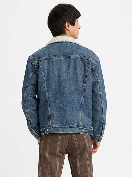 Levis 163650162 Mens Type 3 Sherpa Trucker Jacket Television Medium Wash back view. If you need any assistance with this item or the purchase of this item please call us at five six one seven four eight eight eight zero one Monday through Saturday 10:00a.m EST to 8:00 p.m EST