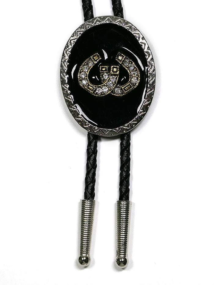 Fashionwest 1708S Crystal Gold Horseshoe Oval Western Bolo Tie front view. If you need any assistance with this item or the purchase of this item please call us at five six one seven four eight eight eight zero one Monday through Saturday 10:00a.m EST to 8:00 p.m EST