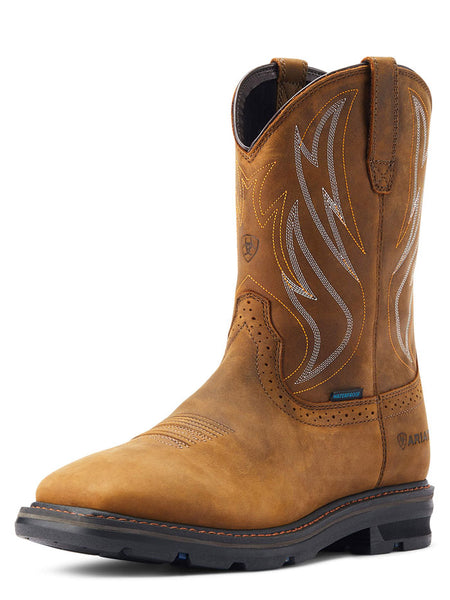 Ariat 10044545 Mens Sierra Shock Shield Waterproof Work Boot Distressed Brown side and front view. If you need any assistance with this item or the purchase of this item please call us at five six one seven four eight eight eight zero one Monday through Saturday 10:00a.m EST to 8:00 p.m EST