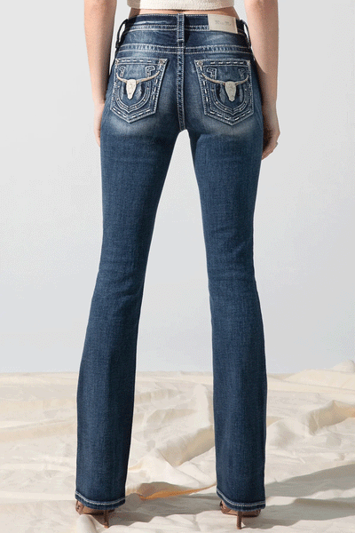 Miss Me M3914B Womens All Night Longhorn Bootcut Jeans Dark Blue back view. If you need any assistance with this item or the purchase of this item please call us at five six one seven four eight eight eight zero one Monday through Saturday 10:00a.m EST to 8:00 p.m EST