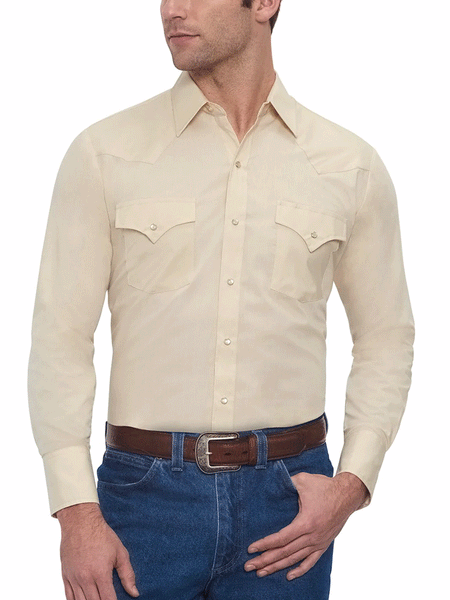 Ely Cattleman 15201905-23 Mens Long Sleeve Solid Western Shirt Ecru front view tucked in. If you need any assistance with this item or the purchase of this item please call us at five six one seven four eight eight eight zero one Monday through Saturday 10:00a.m EST to 8:00 p.m EST