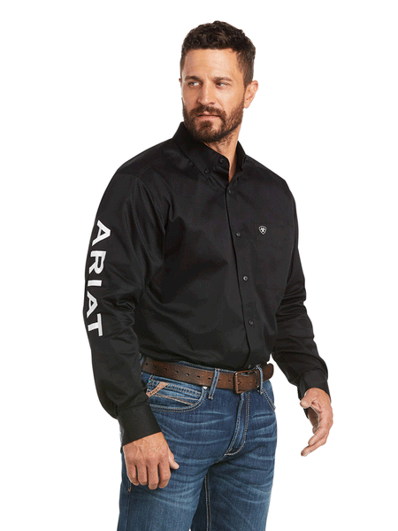Ariat 10017497 Mens Team Logo Twill Classic Fit Shirt Black front and side view. If you need any assistance with this item or the purchase of this item please call us at five six one seven four eight eight eight zero one Monday through Saturday 10:00a.m EST to 8:00 p.m EST