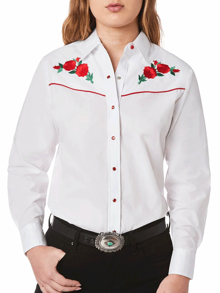 Ely Cattleman 15303801-06 Womens Red Rose Embroidery Long Sleeve Western Shirt White front view tucked in. If you need any assistance with this item or the purchase of this item please call us at five six one seven four eight eight eight zero one Monday through Saturday 10:00a.m EST to 8:00 p.m EST