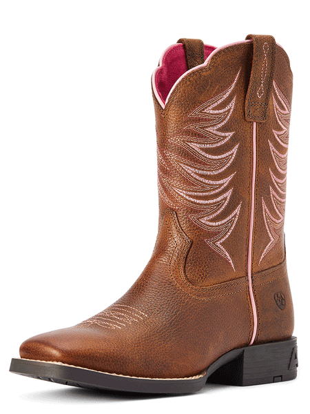 Ariat 10042413 Kids Firecatcher Western Boot Rowdy Brown side and front view. If you need any assistance with this item or the purchase of this item please call us at five six one seven four eight eight eight zero one Monday through Saturday 10:00a.m EST to 8:00 p.m EST