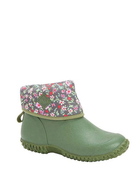 Muck WM2-333T Womens Muckster II Mid Boot Green/Floral roll down ankle view. If you need any assistance with this item or the purchase of this item please call us at five six one seven four eight eight eight zero one Monday through Saturday 10:00a.m EST to 8:00 p.m EST