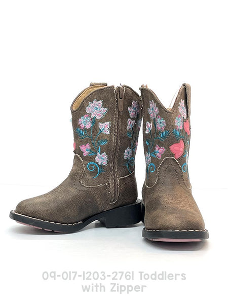 Roper 09-018-1203-2761 Kids Dazzle Light Up Floral Square Toe Western Boots Brown toddlers front view. If you need any assistance with this item or the purchase of this item please call us at five six one seven four eight eight eight zero one Monday through Saturday 10:00a.m EST to 8:00 p.m EST