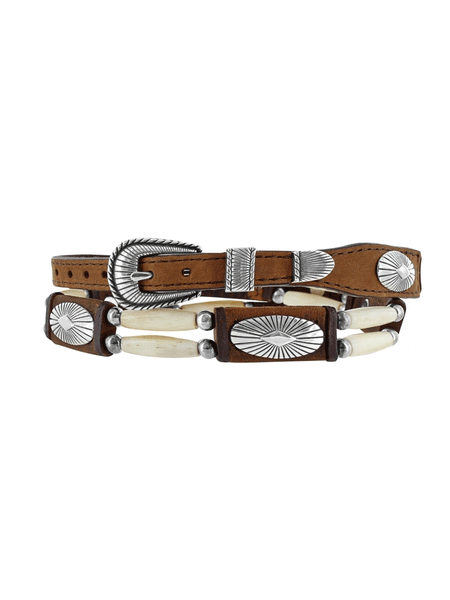 Justin 05169 High Plains Southwest Ivory Bead Hat Band Brown buckle and conchos front view. If you need any assistance with this item or the purchase of this item please call us at five six one seven four eight eight eight zero one Monday through Saturday 10:00a.m EST to 8:00 p.m EST